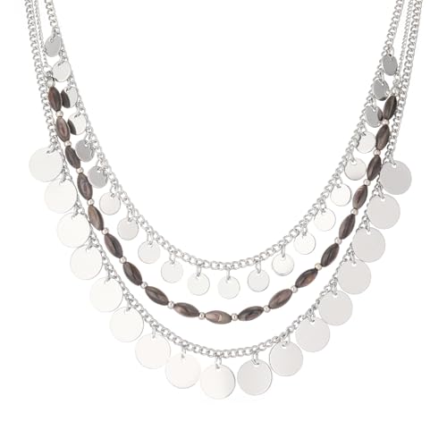 Noessla Boho Silver Charm Necklace for Women Layered Beade Pendant Necklace with Disc Charms Trendy Costume Jewelry for Beach Party
