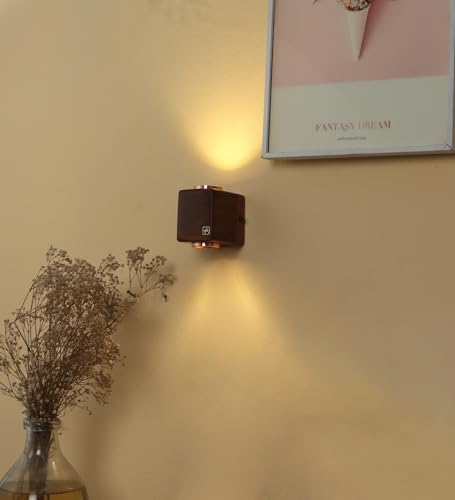 Image of Green House Handmade Sheesham Wood Wall Light Lamp | 2 Way Light - UP /Down | 3W+3W Warm White LED | Modern Wooden Wall Sconce for Living Room, Bedroom, Staircase, Hallway Decor | Square - Pack of 1