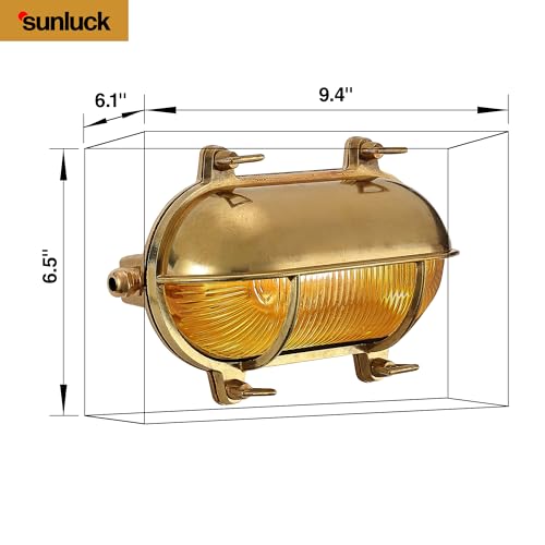 Image of Sunluck Brass Nautical Bulkhead Light,Grid Oval Wall Light,Brass Half Cover Lampshade,Ceiling Mount Light,Waterproof IP65,Rust Resistant,for Wet Location Bath,Seaside,Ship,Basement