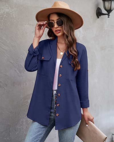 Vetinee Women's Casual Button Down Blouse Shirts Cuffed Sleeve Loose T-Shirt Tops Navy Size Large (Us 12-14) #TOP6