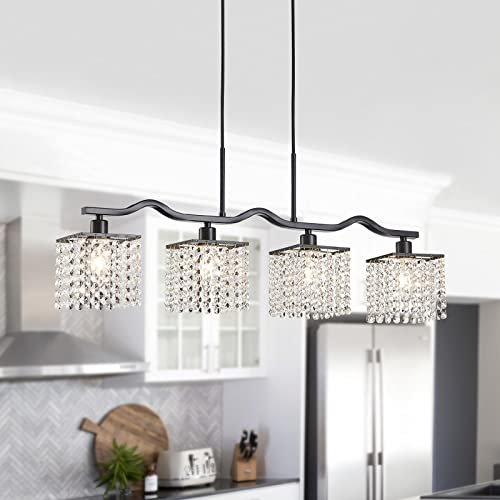 Image of WUZUPS Crystal Chandelier 4-Light Linear Raindrop Pendant Ceiling Light Modern Lighting Fixture for Bedroom Dinning Room Bar Kitchen Island, H8.7'' W4.7'' L30.5, E12 Base, Black