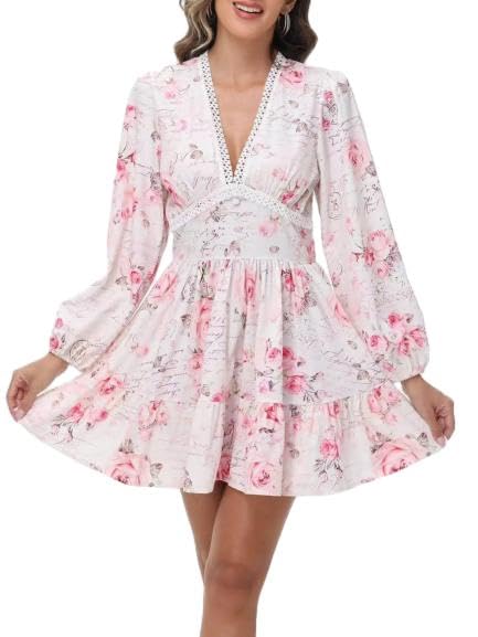 Women's Boho Floral Print Long Lantern Sleeve V-Neck Mini Dress Lace Trim Ruffle Hem A-Line Short Dresses for Women
