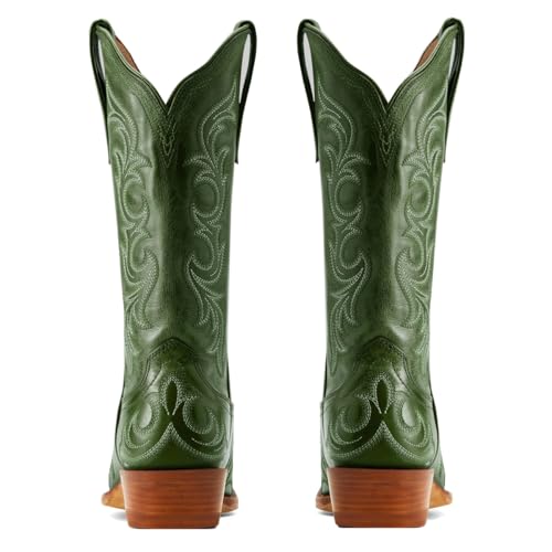Women Vintage Western Boots Embroidered Knee High Cowboy Boots Chunky Stacked Heel Square-Pointed Toe Mid Calf Cowgirl Boots Metallic Matte Leather Pull On V Cut Fall Boot Exotic 4-11 M US3