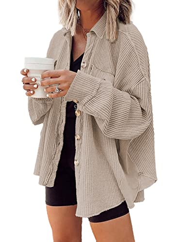 Nirovien Womens Waffle Knit Shacket Oversized Button Down Shirt Jacket Lightweight Spring Outfits Clothes