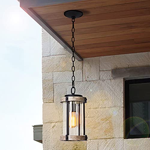 MOTINI Outdoor Pendant Light Fixture for Porch, 1-Light Exterior Hanging Lantern in Black and Wood Finish with Clear Ribbed Glass, Bulb Included