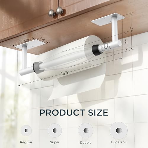 Image of FORIOUS Paper Towel Holder Under Cabinet, One Hand Operable with Adjustable Damping for Easy Tear, No Drill Adhesive or Drill Wall Mount, 304 Stainless Steel for Kitchen Bathroom RV Garage, White