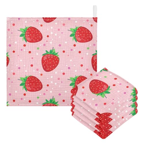 Nander 5Pack Baby Muslin Washcloths,Cute and Colorful Strawberries Soft Face Cloths for Newborn, Absorbent Bath Wash Cloths, Wipes, Burp Rag,Toddlers Essentials Stuff, Baby Registry as Shower