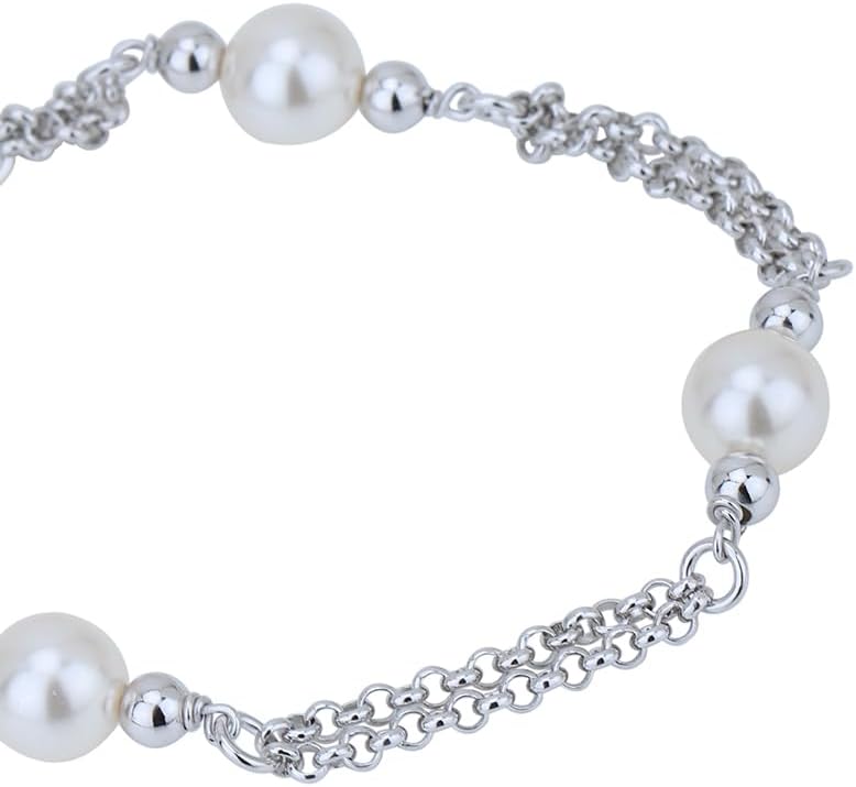 Vanbelle Sterling Silver Jewelry - Rhodium Plated with 925 Stamp - Double Layered chain with Faux Pearl Bracelet - Handcrafted - for Women - 6.5" long + 1" extender