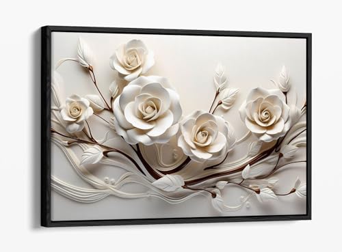 Roses blanches sur une branche impression sur toile cadre noir 76x50 cm