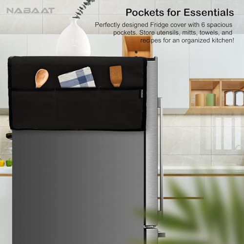 Image of NABAAT Premium Fridge Cover Top for Single Door Refrigerator Kitchen Decor Durable Dustproof Waterproof Modern Design with 6 Side Pockets for Kitchen Accessories - 130 x 54cm (Black)