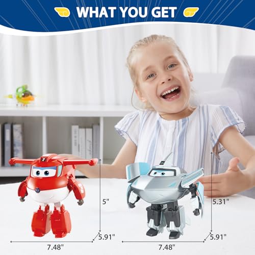 Super Wings Transformable Toys Playset, 5 in Jett and Traver Airplane Transforming Figures Toys Set, 2 in 1 Mode Rescue Bots Toy for 3-5 Year Old Boys Girls, Plane Toy for Toddlers Kids Age 3 4 5 6