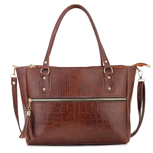 Image of AVERAA Medium Capacity Croco Pattern Tote Bags For Womens Big Purses And Handbags Ladies Big Shoulder Bag | Office Bag for Women, Ladies Bag Stylish Branded, Leather Bag for Women, Women Office Bag | Chic Croc Texture, Dual Carry Style, Rich Tan Finish, Spacious Interior, Secure Zip Closure, Adjustable Strap