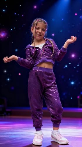 Image of LOLANTA 2Pcs Girls Dance Outfits Cropped Sequin Jacket Pants Set, Kids Hip Hop Dance Costumes for 80s 90s Party 5-15 Years