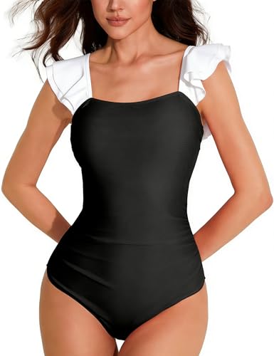 AJISAI One Piece Swimsuit for Women Ruffle Tummy Control Ruched Bathing Suit Backless Padded Swimwear Black White 2XL