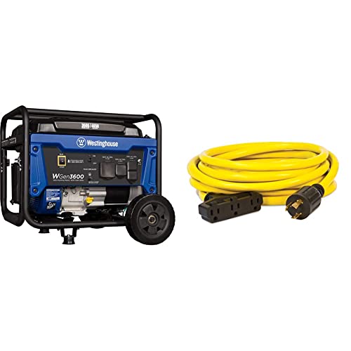 Westinghouse 4650 Watt Portable Generator, RV Ready 30A Outlet, Wheel & Handle Kit & Champion Power Equipment 48034 25 ft. 30A 125V Generator Power 3750 Watts Extension Cord, yellow