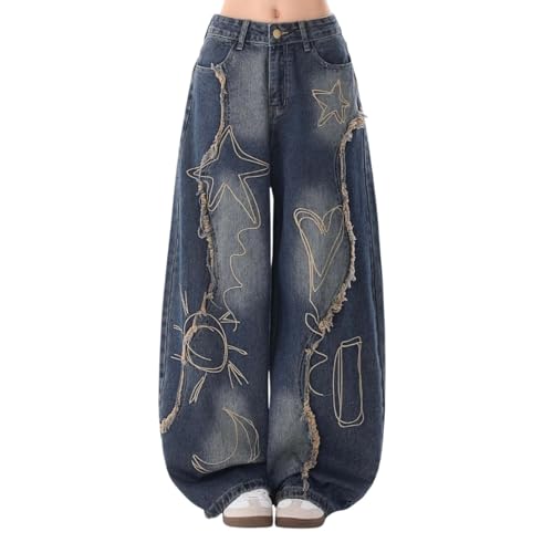 OTEEGX Baggy Jeans for Women Girls Star Wide Leg Barrel Jeans Embroidered Patchwork Cute Denim Pants Trendy Clothes Blue1-M