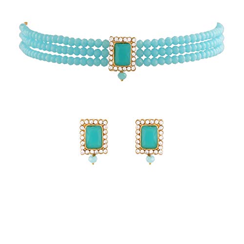 I Jewels 18K Gold Plated Indian Wedding Bollywood Turquoise Crystal Stone Beaded Choker Necklace Jewellery Set With Earrings For Women/Girls (ML237Sb)