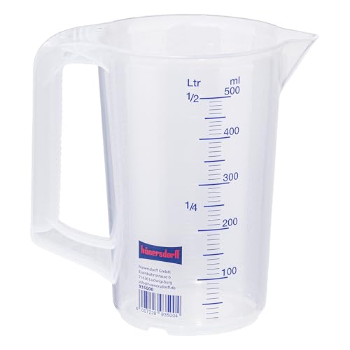 hünersdorff Messbecher 0,5l | Polypropylen (PP) | bruchsicher und spülmaschinengeeignet | geschlossener Griff | blaue Skala, Transparent+blau