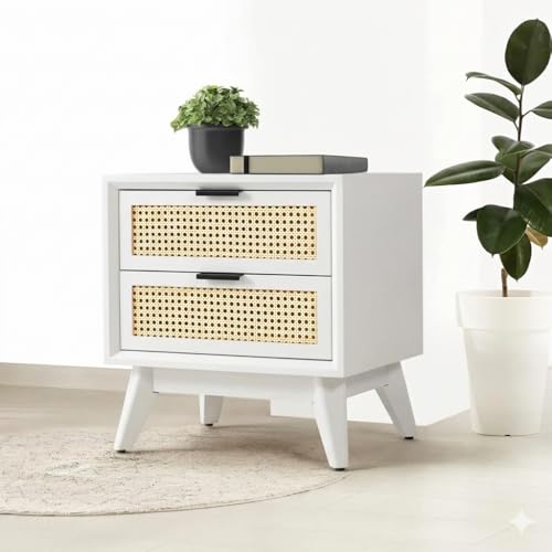 Image of Wooden Bedside Table for Bedroom | HDMR Nightstand with 2 Jaali Drawers | Storage Side Table with HDMR Premium Wood Legs for Living Room Hotels | Compact Lamp table Home Dcor Furniture | White