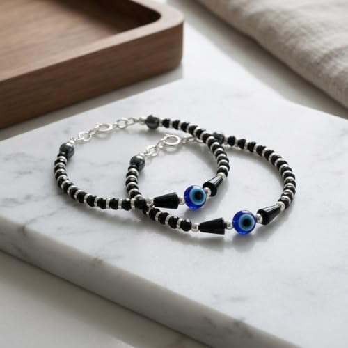 Image of Parnika (Formerly MJ 925 Traditional Silver & Black Crystals Baby Nazariya Kids Silver Bracelet in Pure 92.5 Sterling Silver for Kids - One pair