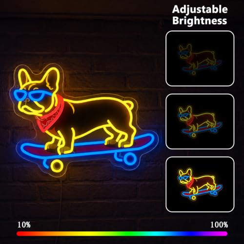 Image of French Bulldog Skateboarding Neon Sign, Skateboard Dog Frenchie Wearing Glasses Neon Signs | Dimmable LED Bulldog Wall Art Decor | Frenchie Dog Lover Gifts