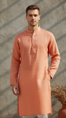 Image of Men's Linen Kurta Full Sleeve Mandarin Collar Relaxed Fit Wedding Festive