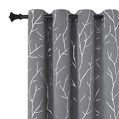 BUHUA Black Out Curtains 108 Inch Long 2 Panels, Soundproof Curtains with Elegant Silver Tree Branches Print, Heat Blocking Curtains for Livingroom, 52W x 108L, Light Grey