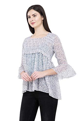 Image of POPWINGS Printed Chiffon Peplum Tops for Women || 3 /4th Sleeves Square Neck Women Tops for Summer || Stylish Western Smocking Women Tops