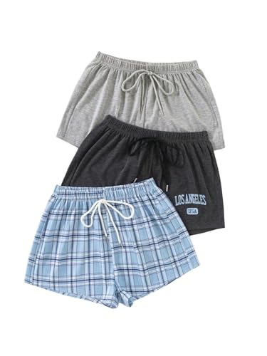 Image of WDIRARA Women's 3 Pack Plaid Letter Graphic Pajama Shorts Lounge Shorts | Elastic Waist ,Comfortable,Home Living,Sleepwear
