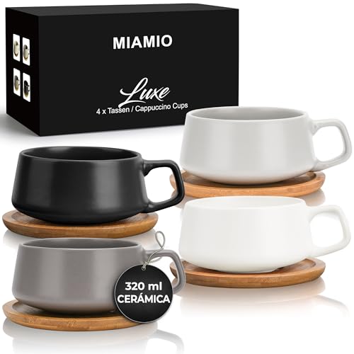 MIAMIO - 4 x 320 ml tazas de café/juego de taza y platillo/elegantes y modernas tazas de café en cerámica gres – Juego de 4 pzas de colección de lujo - Luxe Collection (Pastel Classique)