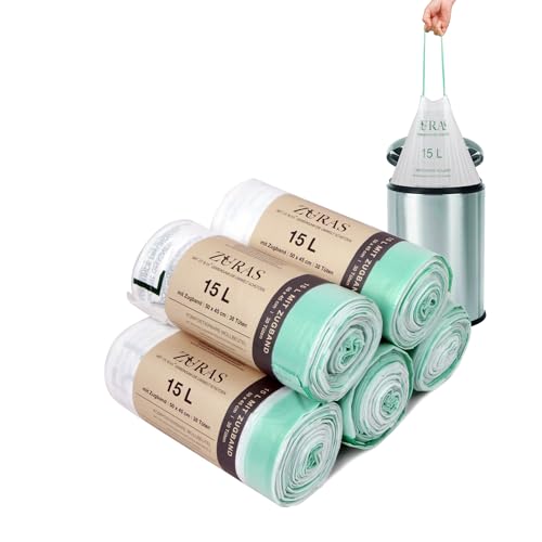 ZURAS® Bolsas de basura ecológicas de 15 litros con cordón 150 bolsas de basura compostables y biodegradables, certificadas y probadas según DIN EN 13432, resistentes al desgarro e impermeables