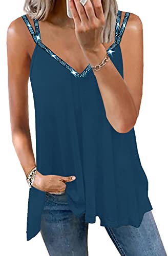 Soesdemo Dressy Tank Top for Women Casual Summer Floral Rhinestones Spaghetti Strap V Neck Sleeveless Tunic for Leggings