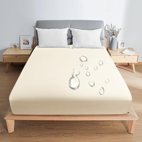 PRETYDAY ボックスシーツ 防水シーツ 2025 高密度生地 マットレスカバー 五面防水 吸水速乾 シングル セミダブル ダブル クイーン ベッドカバー 通気性 洗える 介護用 シーツ 防ダニ 抗菌 防臭 全周ゴム付き ズレ防止 赤ちゃん 大人用 (ベージュ, シングル 100*200cm)