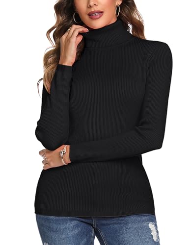 Aottori Jersey Cuello Alto Negro Mujer Invierno Suéter de Punto Elegante Cuello Vuelto Manga Larga Sólido Ajustado Casual Pullover Túnica Tops Negro S