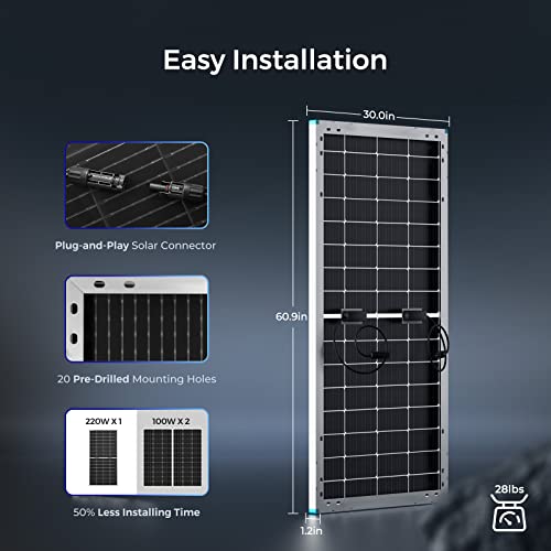 Renogy Bifacial 220 Watt 12 Volt Solar Panel Monocrystalline Rigid High-Efficiency Pv Module Power Charger For Rv Marine Rooftop Farm Battery And Other Off-Grid Applications #TOP7