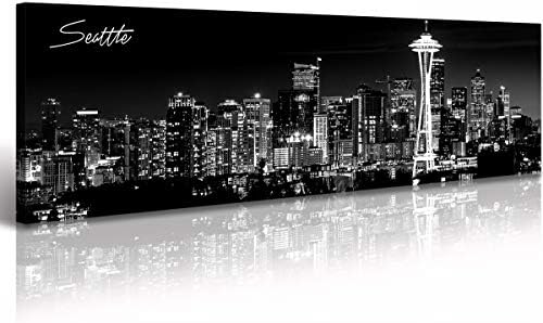 Amazon Com Seattle City Skyline Wall Art Black And White Canvas Prints Panorama Cityscape Picture Night View Painting Poster Modern Artwork Home Decor For Office Living Room Ready To Hang 13 8 X