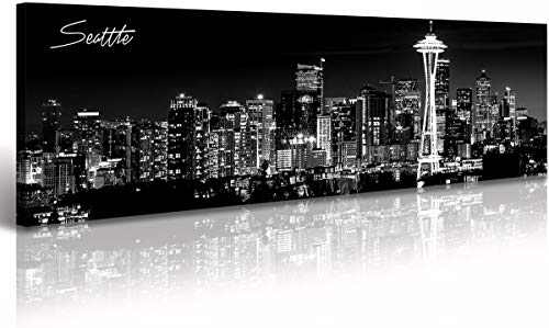Image of Seattle City Skyline Wall Art Black and White Canvas Prints Panorama Cityscape Picture Night View Painting Poster Modern Artwork Home Decor for Office Living Room - Ready to Hang 13.8 inch x 47.3 inch