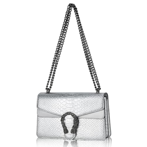 Image of Crossbody Shoulder Square Purse For Women - Fashion Embossed Snake-Print Leather Handbag Metal Chain satchel Tote Bag