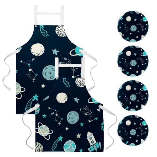 Tablier de cuisine lot de 2 avec motifs planètes pour la pâtisserie et le bistrot