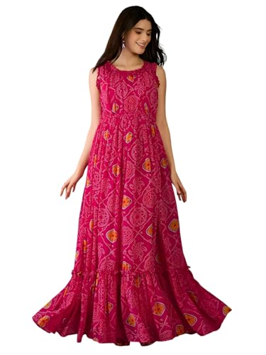 Robe longue en mousseline bandhani sans manches et col rond pour femme
