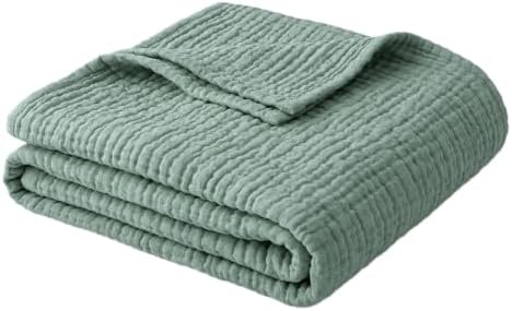 The Fleece Company Muslin Cotton Blanket, Cooling Soft Gauze Throw Blanket for Adults, Breathable and Lightweight for Couch Decor, Bed, Outdoor and Travel, Year-Round Comfort，Green：79'' × 91''