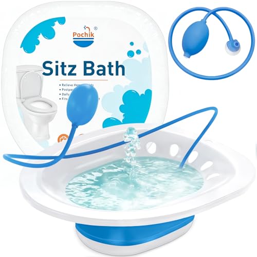 Image of Pochik Sitz Bath for Toilet Seat Hemorrhoids and Postpartum Care, Yoni Steam Seat, Perineal Soaking, Collapsible, Flusher Hose, Drain Holes, Wider Seating Area - Blue