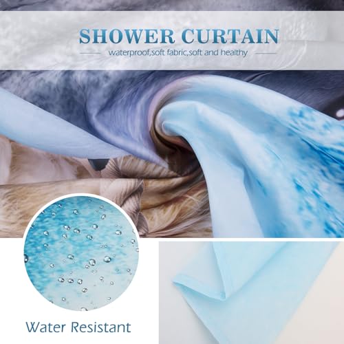 Image of Aimego Stall Small Shower Curtain - Funny Cute Cool Cat Riding Shark Ocean Wave Fun Narrow Half Fabric Cloth Shower Curtain Set for Adults Kids Bathroom Decor Accessories Bath Curtain, 36 inchx72 inch
