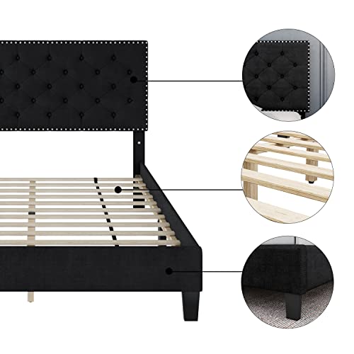 Hostack Queen Size Bed Frame, Modern Upholstered Platform Bed With Adjustable Headboard, Heavy Duty Button Tufted Bed Frame With Wood Slat Support, Easy Assembly, No Box Spring Needed(Black, Queen) #TOP5