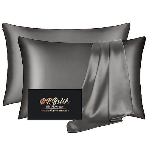 Silk Pillow Cases 2 Pack, Mulberry Silk Pillowcases Standard Set of 2, Smooth, Anti Acne, Beauty Sleep, Both Sides Natural Silk Satin Pillow Cases for Women 2 Pack with Zipper for Gift, Dark Gray by DKBslik - Used condition - US$19.89
