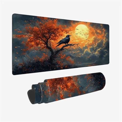 Tapis de Souris XXL 900 x 500 x 3mm, Corbeau Tapis de Souris Arbre Pattern avec Base en Caoutchouc Antidérapant Surface, Imperméable Mouse Pad avec Bords Surpiqués Désign, Decoration Bureau,Model171