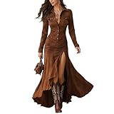 Robe longue de cowgirl boutonnée sur le devant pour femme, manches longues, jupe plissée sur le devant avec ourlet asymétrique à volants asymétriques, ourlet haut et bas, en faux daim, longueur au sol