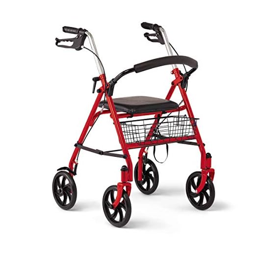 Medline Steel Rollator Walker with 8 Inch Wheels, Folding Rolling Walker, Adjustable Arms, Supports 300 lbs, Red
