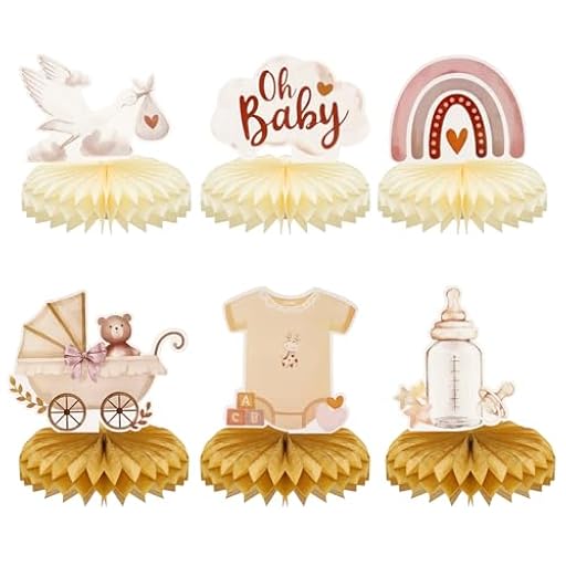 Set de 6 Decoración Baby Shower, Centros de Mesa con Nube “Oh Baby” y Arcoíris Decoración Adorno Mesa Base Panal Adornos para Bautizo Fiesta de Bienvenida del Bebé o Género Neutro | Ya disponible en tu tienda friki favorita! En mundofriki.es!
