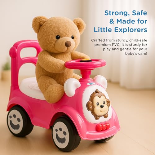 Image of Mee Mee Safari Cruze Ride on for Kids with Light Button,Music & Horn Steering, Push Car for Baby with Backrest, Safety Guard, Under Seat Storage & Big Wheels, for Kids 1-3 Yrs Upto 25 Kgs (Pink)